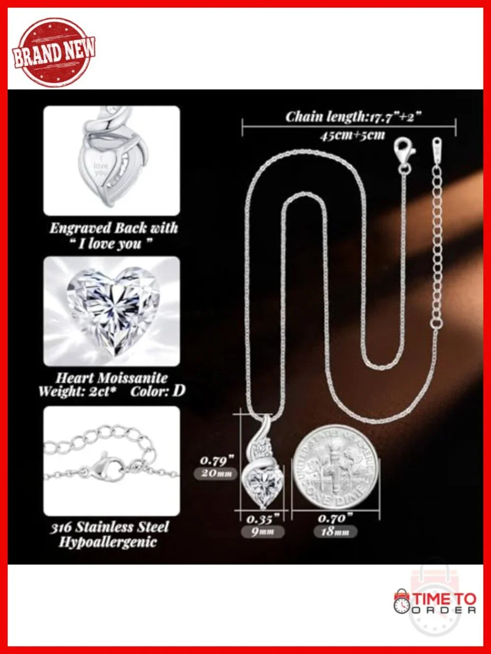 Heart Moissanite Pendant Necklace Rhodium Plated Stainless Steel